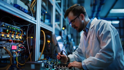 Professional Engineer Analyzing Electronic Equipment Circuit Testing Laboratory