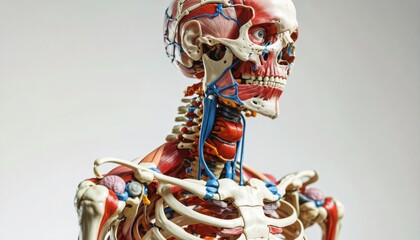 anatomical study of human upper torso, right side view, white background, highlighted muscle groups and skeletal structure, clear depiction of neck and shoulder muscles, detaile