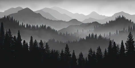 Obraz premium landscape illustration of mountains, pines, and mist or fog background