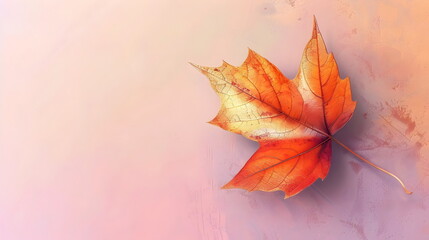Vibrant Orange Autumn Leaf Against Soft Pink Background