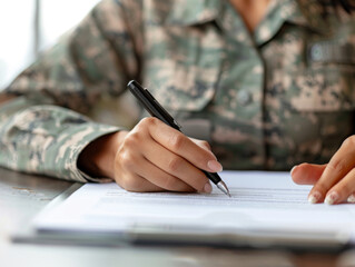 A woman in a military uniform is writing on a piece of paper