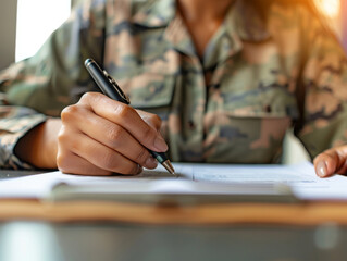 A woman in a military uniform is writing with a pen on a piece of paper
