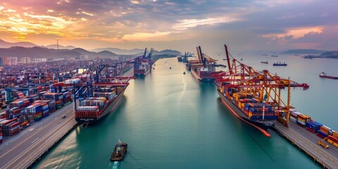 Obraz premium Cargo ships anchored at a busy port with cranes and containers, illustrating maritime transportation and logistics