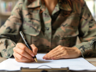 A woman in a military uniform is writing with a pen on a piece of paper