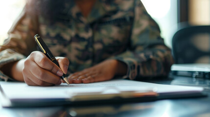 A woman in a military uniform is writing with a pen on a piece of paper