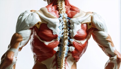 detailed anatomical view of human upper torso, white background, right side profile, clear focus on shoulder girdle and upper back muscles, precise visualization of intermuscula