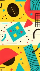 Abstract geometric shapes in bright colors on a yellow background.