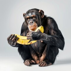 Naklejka premium Medium shot of Monkey eating banana, isolated on a white background 