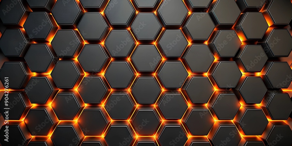 Poster futuristic black hexagon pattern with glowing orange highlights background ai generative
