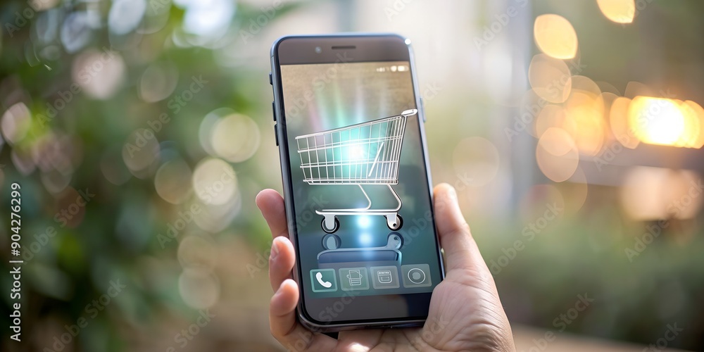Poster hand using smartphone with holographic cart for ecommerce solutions ai generative