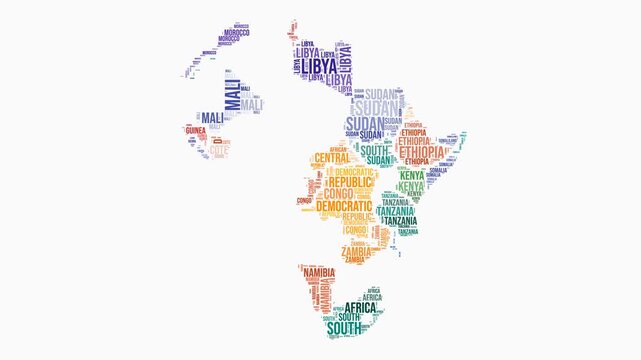 Africa countries word cloud animation. Continent logo animated video. Africa colored text cloud. Countries typography style motion graphics. Awesome video.
