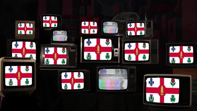 Vintage Television Screens Showing Flag of Montreal, Quebec, Canada. 4K Resolution.