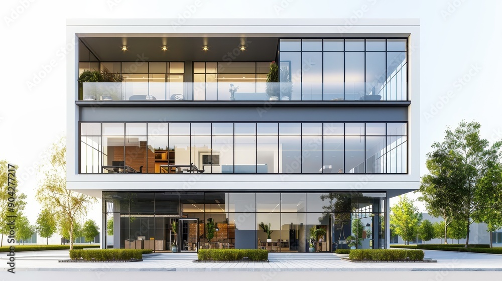 Poster a tall building with a glass facade and a large window on the top. the building is surrounded by tre