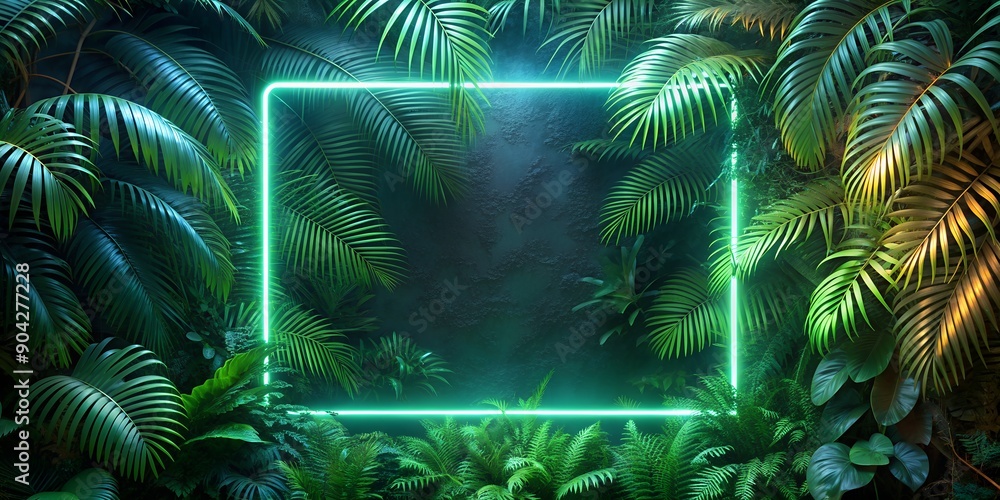 Poster neon glowing rectangle frame appears in the tropical forest background with space for custom text de