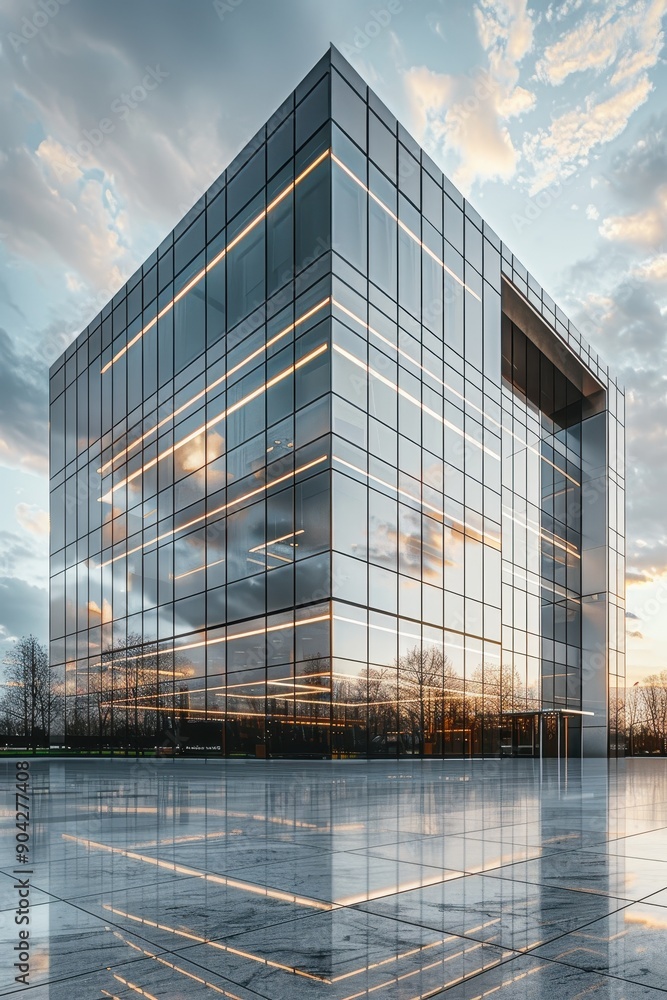 Poster a tall building with a glass facade and a large window on the top. the building is surrounded by tre