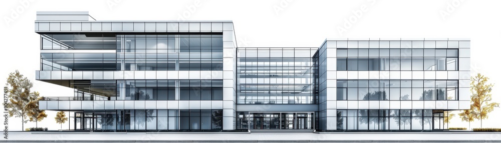 Poster a tall building with a glass facade and a large window on the top. the building is surrounded by tre