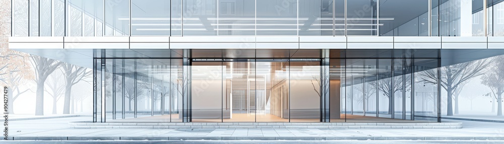 Poster a tall building with a glass facade and a large window on the top. the building is surrounded by tre