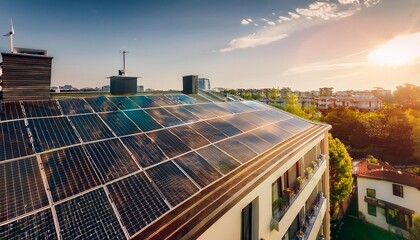 Modern eco friendly passive house with solar panels on rooftop. Home solar panel. Solar panels on...
