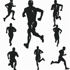 Create a series of black silhouette illustrations showing people in different poses, including Sportman running 