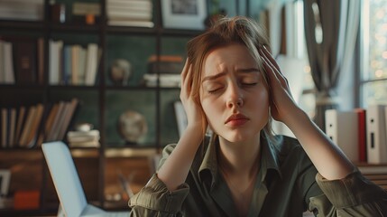 Woman with headache and migraine sitting on couch feeling bad and dizzy. Hands grab your head. Burnout symptoms and facial expressions distorted in pain