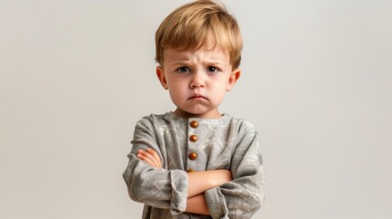 Mad male kid, angry little boy standing with his arms crossed, and looking at the camera with upset face expression. Unhappy todler