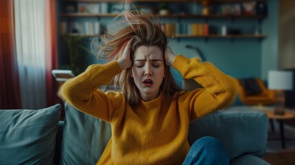 Woman with headache and migraine sitting on couch feeling bad and dizzy. Hands grab your head. Burnout symptoms and facial expressions distorted in pain