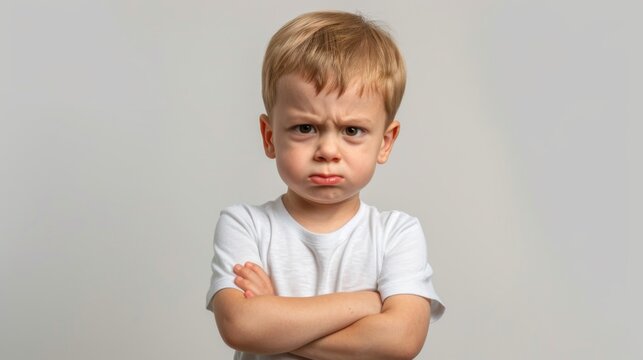 Mad male kid, angry little boy standing with his arms crossed, and looking at the camera with upset face expression. Unhappy todler