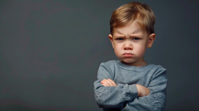 Mad male kid, angry little boy standing with his arms crossed, and looking at the camera with upset face expression. Unhappy todler