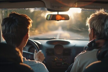 Father teaching son to drive car at sunset, both focused and sharing moment of connection in warm light.