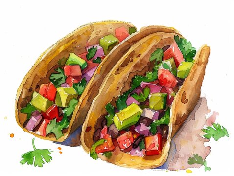 Two delicious tacos with fresh avocado, tomato and cilantro filling, isolated on white background.