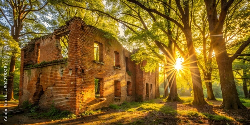 Aufkleber warm sunlight filters through the trees as the crumbling brick building stands tall generative by ai