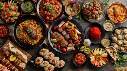 Fototapeta premium beautifully arranged spread of various dishes, showcasing a diverse and colorful selection of food. The dishes include a mix of grilled meats, stews, rice dishes, dumplings, and various side dishes