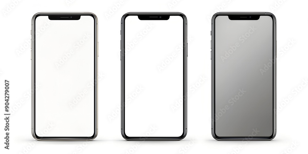 Poster three phones mockup set with blank screen smartphone isolated on white background mobile phone templ