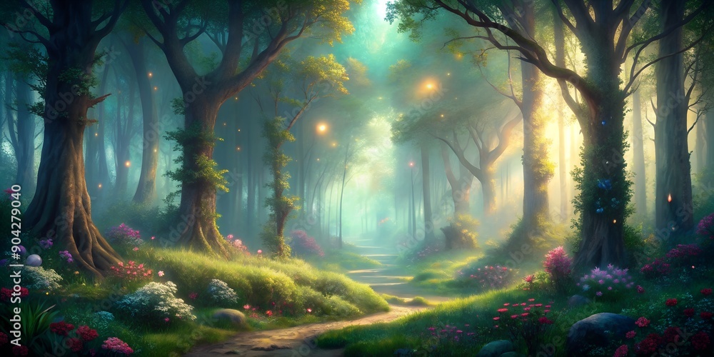 Aufkleber beautiful fantasy forest with a soft light for calm reflection ai generative