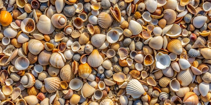 A background of shells on a seashell beach A large number of small shells Top view Flat lay AI Generative