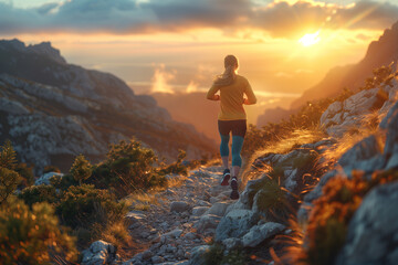 Obraz premium Woman Running on a Mountain Trail at Sunset