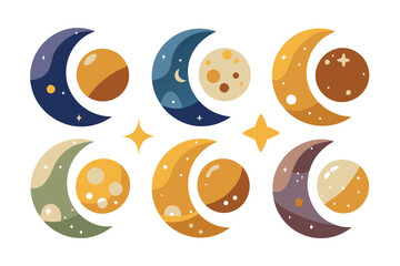 Obraz premium Colorful Crescent Moons with Stars and Planets