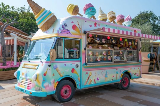 Colorful vintage ice cream truck with a giant cone on top, parked in a sunny outdoor area.