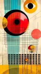 Abstract geometric shapes in red, yellow, and blue with a grid overlay.