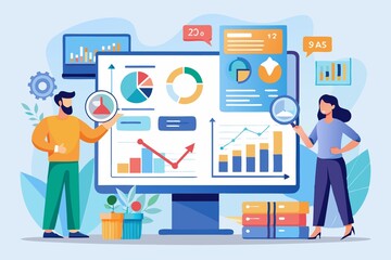 Business Professional Team Analyzing Business Data on Multiple Screens Illustration