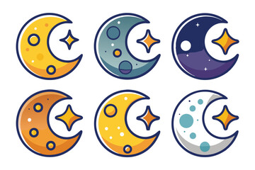 Six Colorful Crescent Moons with Stars and Spots
