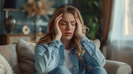 Woman with headache and migraine sitting on couch feeling bad and dizzy. Hands grab your head. Burnout symptoms and facial expressions distorted in pain