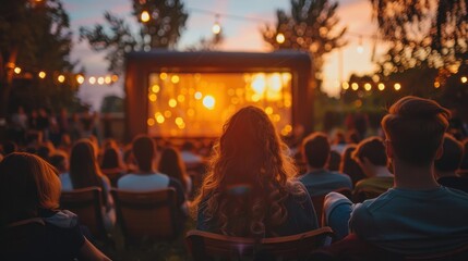 A woman is sitting in a field watching a movie on a large screen. The sky is orange and the lights are on, creating a warm and inviting atmosphere