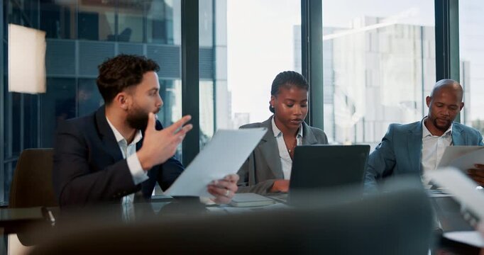 Businessman, office and communication with documents in meeting for training, employees and operational procedures. Mentor, laptop and intern for coaching on regulations by multinational corporation.