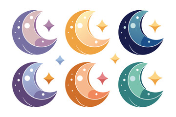 Colorful Crescent Moons with Stars on a White Background