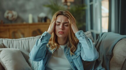 Obraz premium Woman with headache and migraine sitting on couch feeling bad and dizzy. Hands grab your head. Burnout symptoms and facial expressions distorted in pain