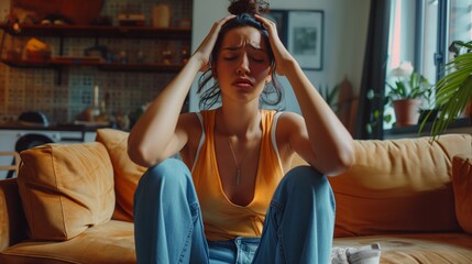 Obraz premium Woman with headache and migraine sitting on couch feeling bad and dizzy. Hands grab your head. Burnout symptoms and facial expressions distorted in pain