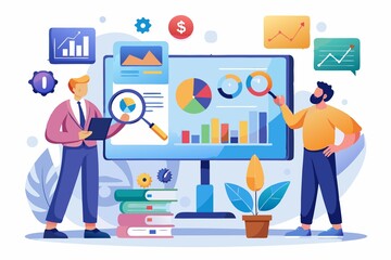 Business Professional Team Analyzing Business Data on Multiple Screens Illustration