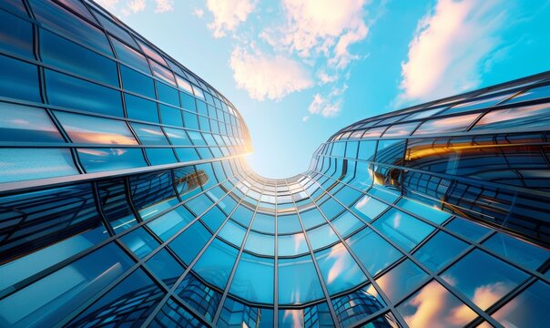 Futuristic Cityscape: Modern Glass Skyscrapers Reflecting Blue Sky. Sunlit Urban Landscape Symbolizing Prosperity and Technological Advancement. Creative Architectural Composition for Business, Innova