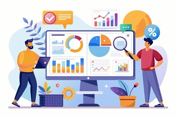 Business Professional Team Analyzing Business Data on Multiple Screens Illustration